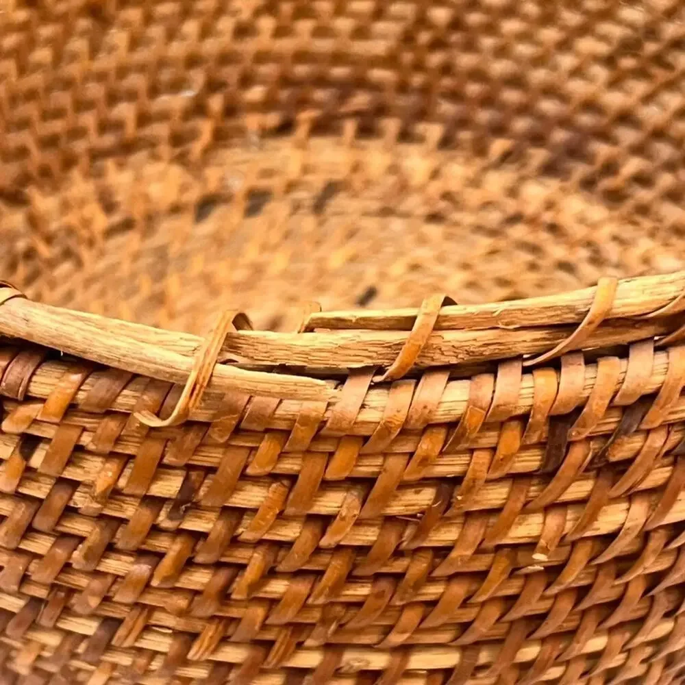 Natural Rattan Round Fruit Basket Weaved Aged Patina 10.5